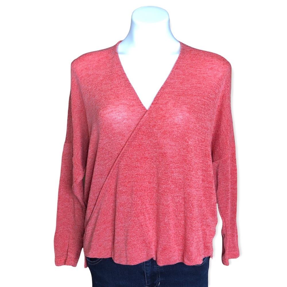CLARA SUN WOO Faux Wrap Top Long Sleeve V Neckline Knit Heathered Coral XS